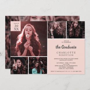Minimalist blush pink 6 photos collage graduation invitation