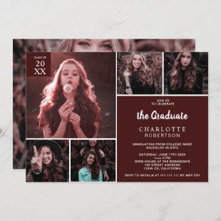 Minimalist burgundy 6 photos collage graduation invitation
