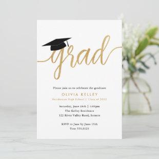 Minimalist Gold Script Graduation Cap Party Invitation