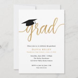 Minimalist Gold Script Graduation Cap Photo Invitation