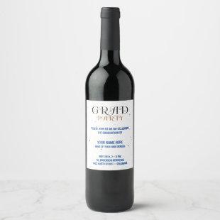 Minimalist Grad Party Blue Black & White Script Wine Label