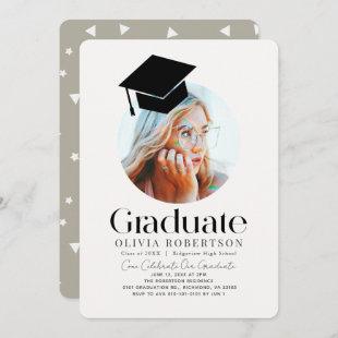 Minimalist Graduation Cap Khaki Photo Invitation