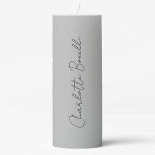 Minimalist Handwritten Script Name Grey Pillar Candle