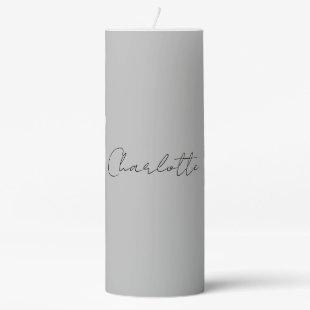 Minimalist Handwritten Script Name Grey Pillar Candle