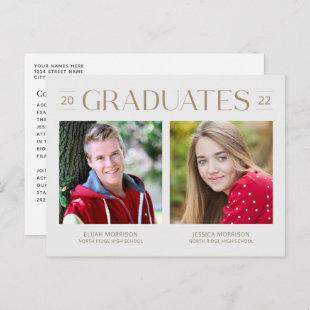 Minimalist Joint Graduation Gold Two Photos Grad Postcard