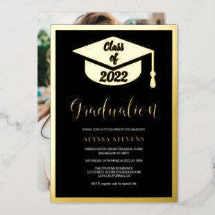 Minimalist modern black gold graduation photo foil invitation
