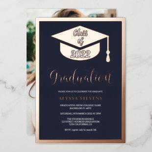 Minimalist modern blue rose gold graduation photo foil invitation