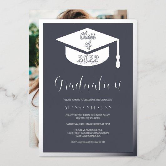 Minimalist modern blue silver graduation photo foil invitation
