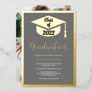 Minimalist modern gray gold graduation photo foil invitation