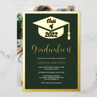 Minimalist modern green gold graduation photo foil invitation