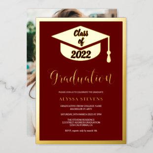 Minimalist modern red gold graduation photo foil invitation