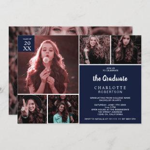 Minimalist navy blue 6 photos collage graduation invitation