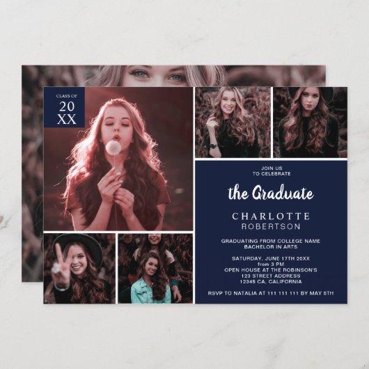 Minimalist navy blue 6 photos collage graduation invitation
