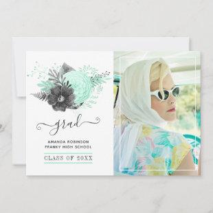 Mint and Charcoal Floral Rustic Graduation Photo Announcement