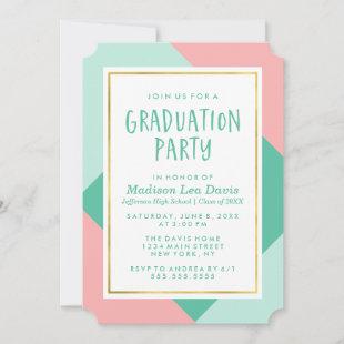 Mint Green and Pink Color Block Graduation Party Invitation