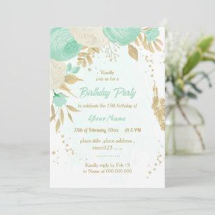 mint green white flowers gold floral birthday part invitation