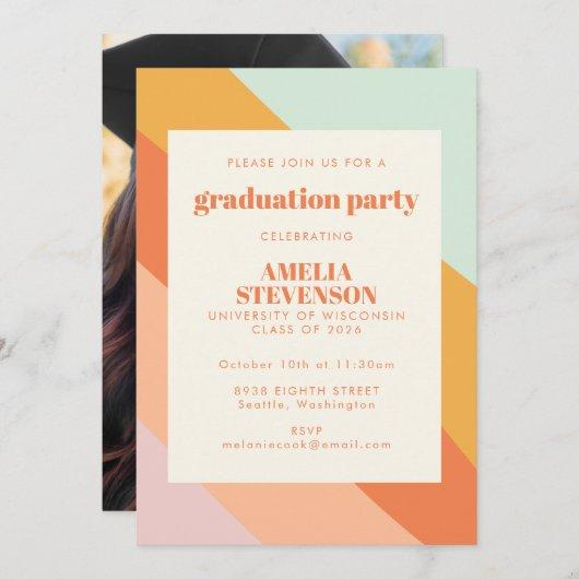 Mint Peach Retro Stripes Photo Graduation Party  Invitation