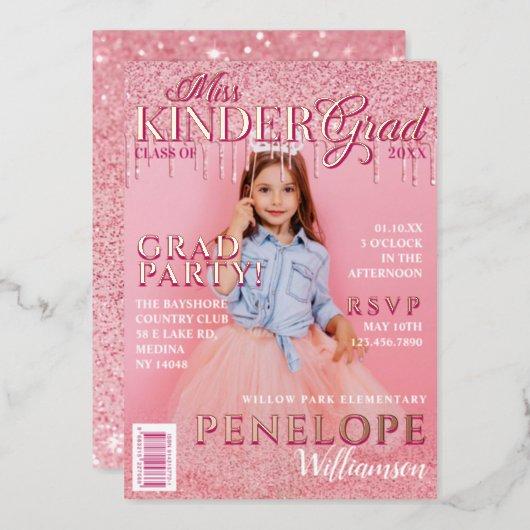 Miss Kinder Grad Pink Glitter Drip Magazine Cover  Foil Invitation