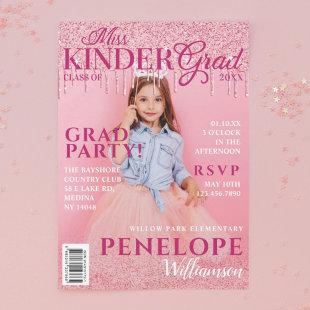 Miss Kinder Grad Pink Glitter Drip Magazine Cover  Invitation