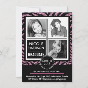 Mod Faux Pink Glitter Zebra 3 Photo Graduation Invitation