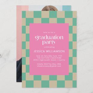 Mod Pink Mint Green Check Photo Graduation Party Invitation