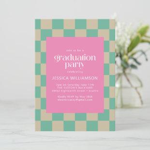 Mod Pink Mint Green Checkerboard Graduation Party Invitation