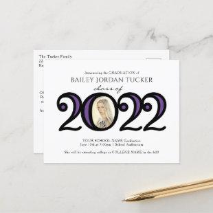 Modern 2022 Photo Purple Graduation Announcement Postcard