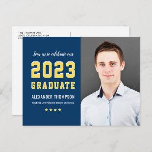 Modern 2023 Graduate Navy Yellow Photo Graduation Invitation Postcard