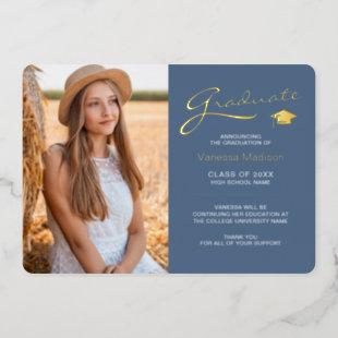 Modern 2 Photo Dusty Blue & Gold Foil Grad Card