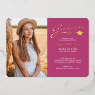 Modern 2 Photo Pink White & Gold Foil Grad Card