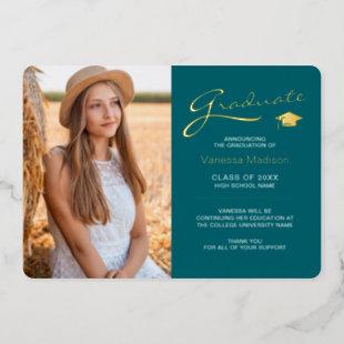 Modern 2 Photo Teal White & Gold Foil Grad Card