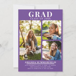 Modern 3 Graduate Photos Purple Graduation Party Invitation