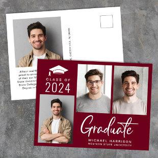 Modern 3 Photo Bold Script Burgundy Graduation Announcement Postcard