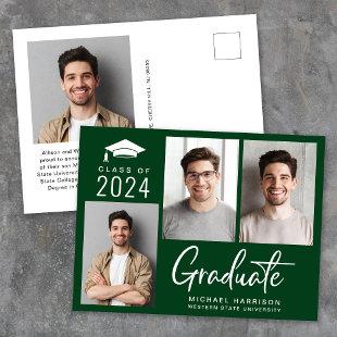 Modern 3 Photo Bold Script Green Graduation Announcement Postcard