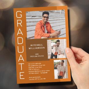 Modern 3 Photo Burnt Orange Graduation Invitation