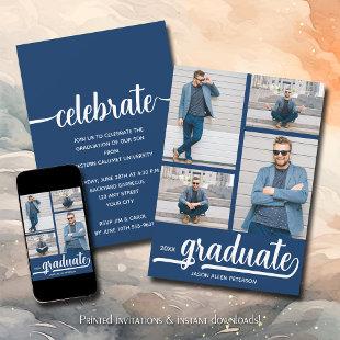Modern 4 Photo Collage Blue Graduation Invitation