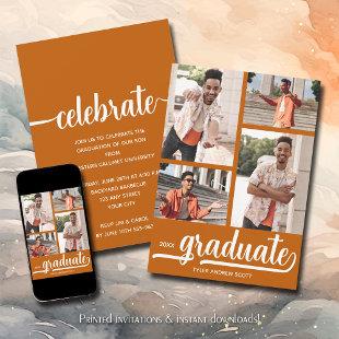 Modern 4 Photo Collage Burnt Orange Graduation Invitation
