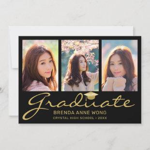 Modern 4 Photo Collage Gold Script Graduation Announcement