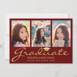 Modern 4 Photo Collage Gold Script Red Graduation Announcement