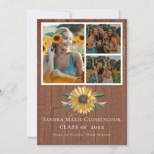 Modern 4 Photo Collage Sunflower graduation Rustic Announcement