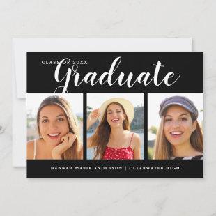 Modern 4 Photo Elegant Black White Graduation Announcement