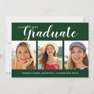 Modern 4 Photo Elegant Green White Graduation  Announcement