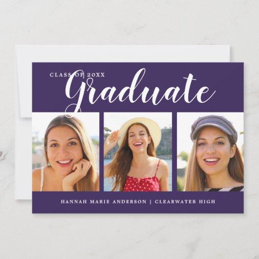 Modern 4 Photo Elegant Purple White Graduation  Announcement