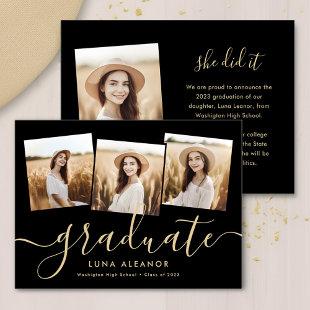 Modern 4 Photo Graduation Collage Black And Gold Announcement