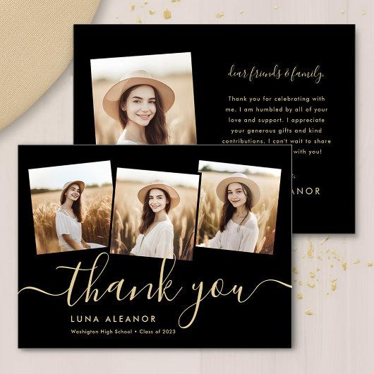 Modern 4 Photo Graduation Collage Black And Gold Thank You Card