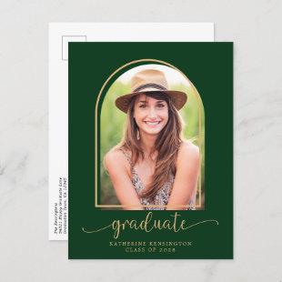 Modern Arch Green Gold Photo Graduation Party  Announcement Postcard