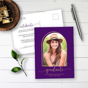 Modern Arch Purple Gold Photo Graduation Announcement Postcard