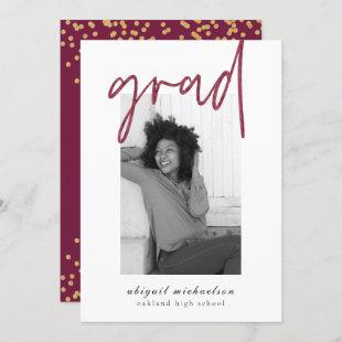 Modern Berry Faux Gold Dots Photo Graduation Party Invitation