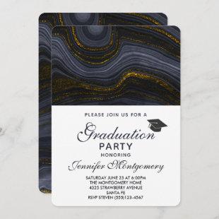 Modern Black and Gold Agate & Graduation Cap Invitation