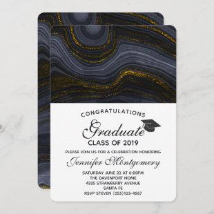 Modern Black and Gold Agate & Graduation Cap Invitation